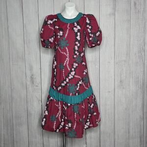 Vintage Hawaiian Dress Forget Me Not Maroon Teal Floral A-Line, Sz 8